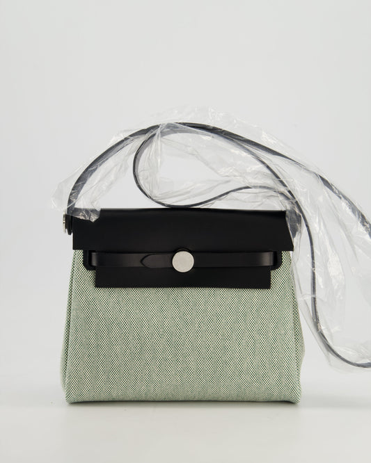 *NEW RELEASE & FIRE PRICE* Hermès Herbag Zip 20 Bag in Ecru, Vert Viking Canvas & Noir Vache Hunter Leather with Palladium Hardware