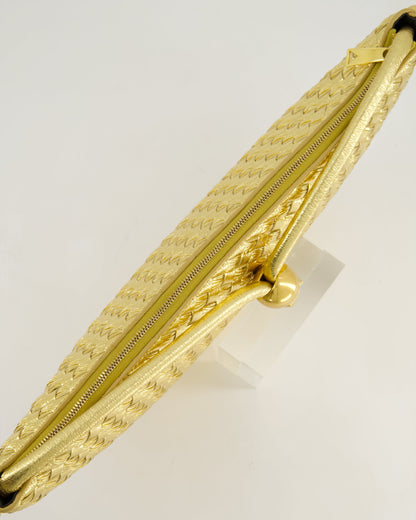 Bottega Veneta Metallic Gold Intrecciato Leather Clutch Bag with Gold Hardware