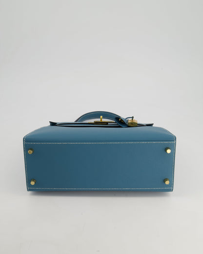 *HOT* Hermès Kelly 28cm Sellier Bag in Blue Jean Epsom Leather with Gold Hardware
