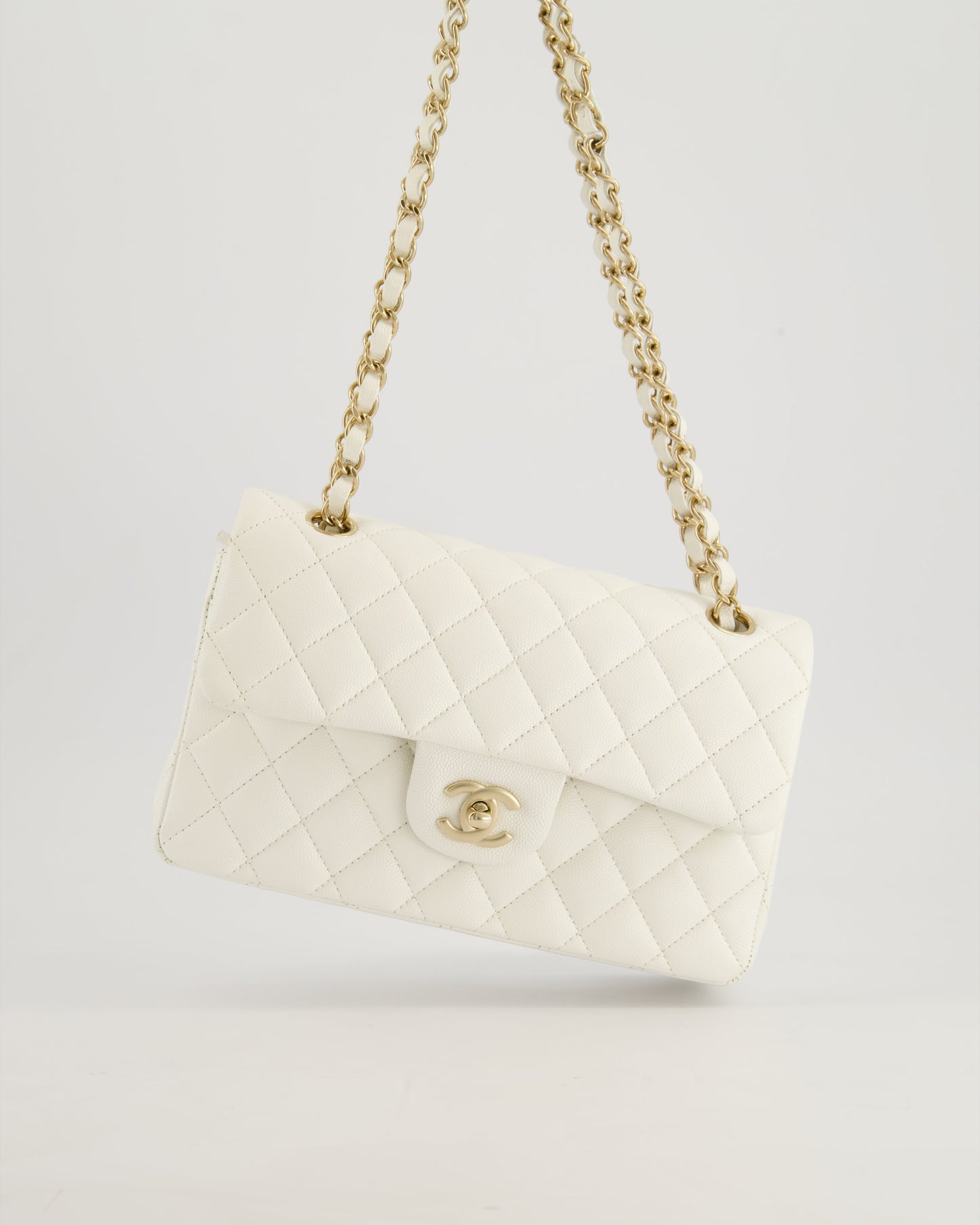 *HOT & RARE* Chanel White Small Classic Double Flap Bag in Caviar Leather with Champagne Gold Hardware