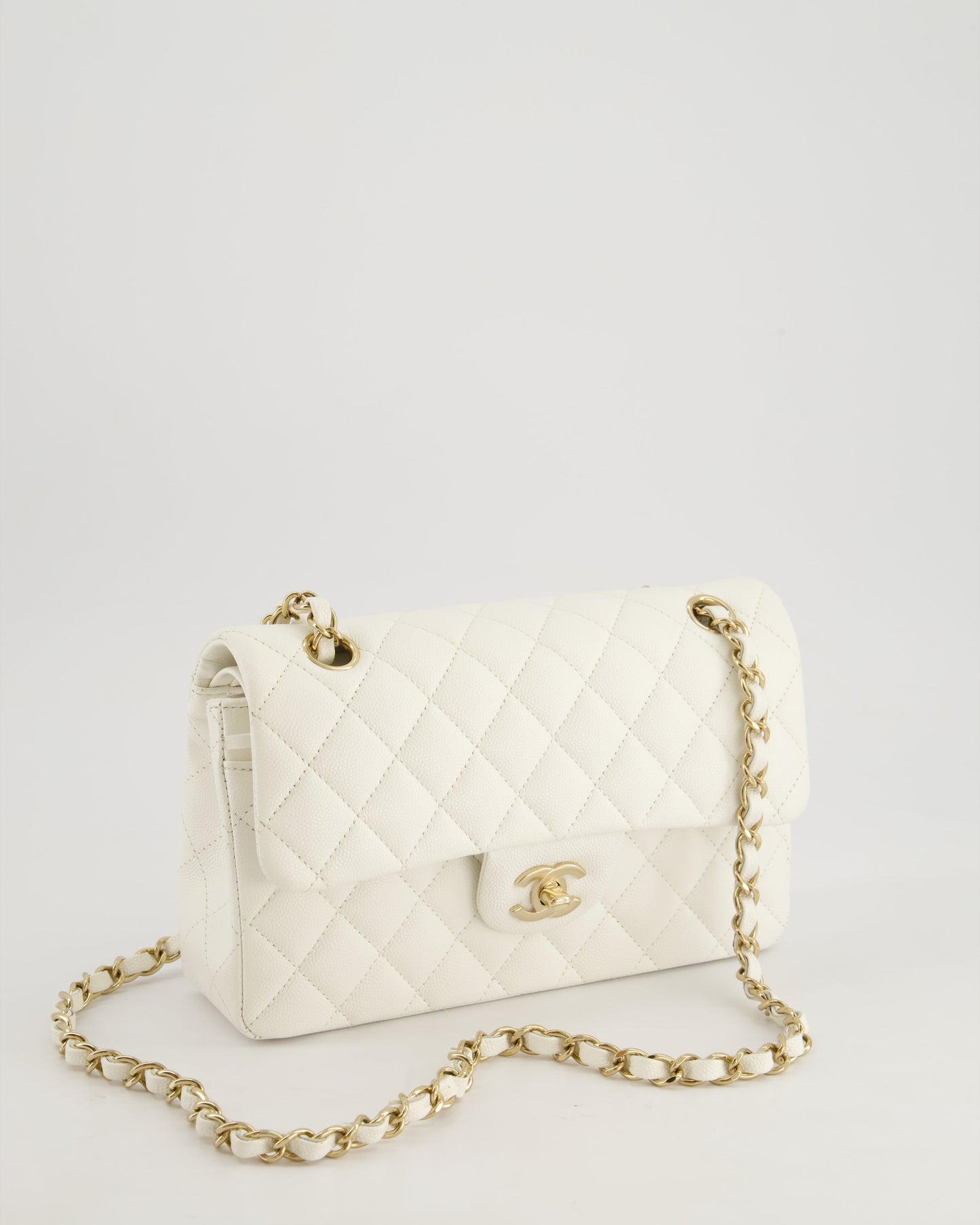 *HOT & RARE* Chanel White Small Classic Double Flap Bag in Caviar Leather with Champagne Gold Hardware
