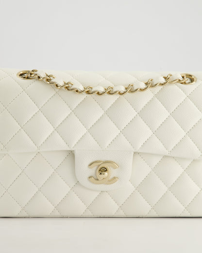 *HOT & RARE* Chanel White Small Classic Double Flap Bag in Caviar Leather with Champagne Gold Hardware