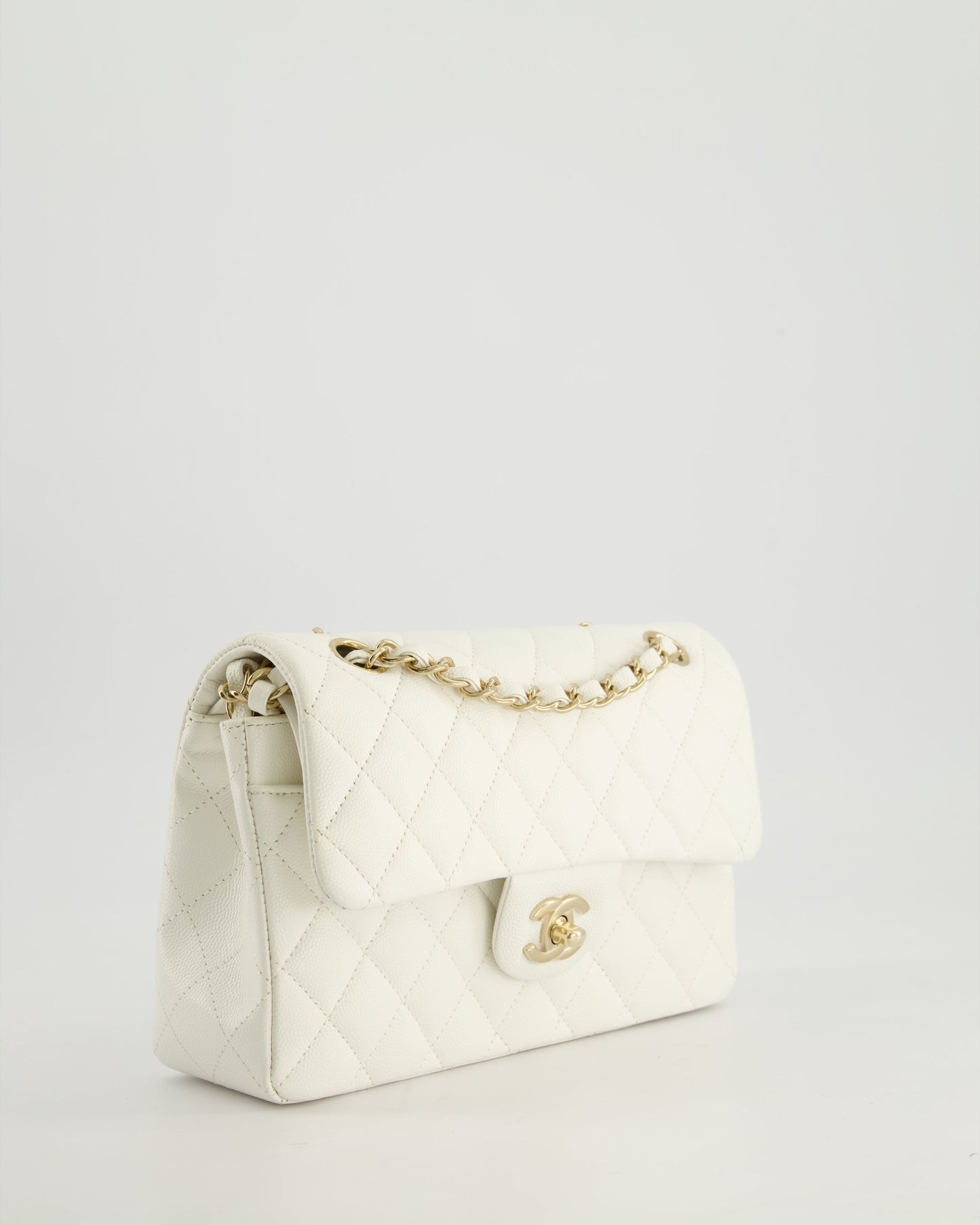 *HOT & RARE* Chanel White Small Classic Double Flap Bag in Caviar Leather with Champagne Gold Hardware