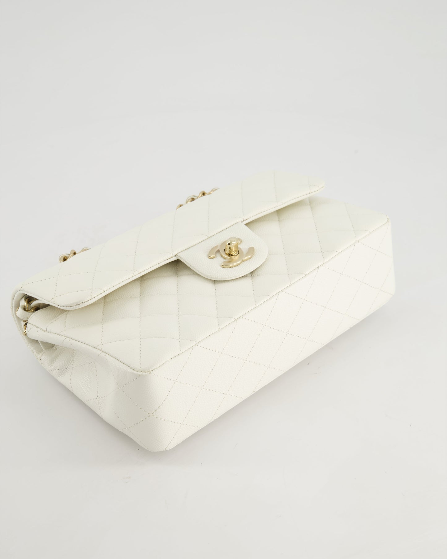 *HOT & RARE* Chanel White Small Classic Double Flap Bag in Caviar Leather with Champagne Gold Hardware