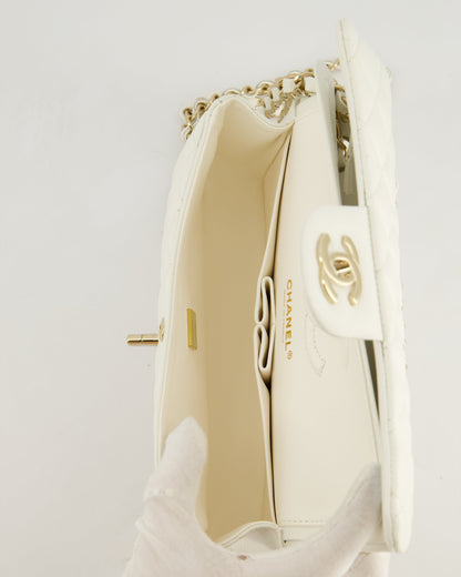 *HOT & RARE* Chanel White Small Classic Double Flap Bag in Caviar Leather with Champagne Gold Hardware