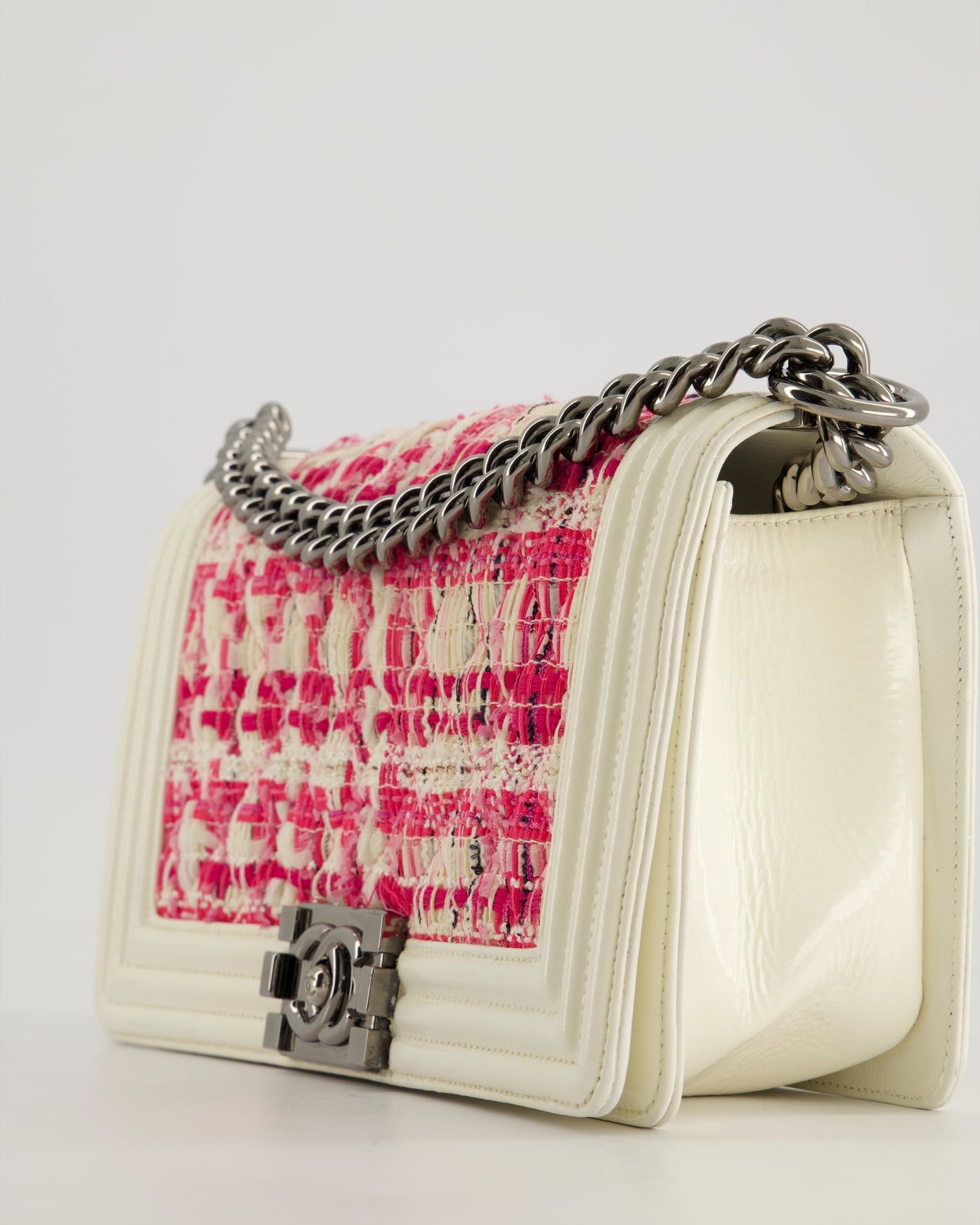 Chanel White and Pink Medium Boy Bag in Patent Leather and Tweed with Ruthenium Hardware