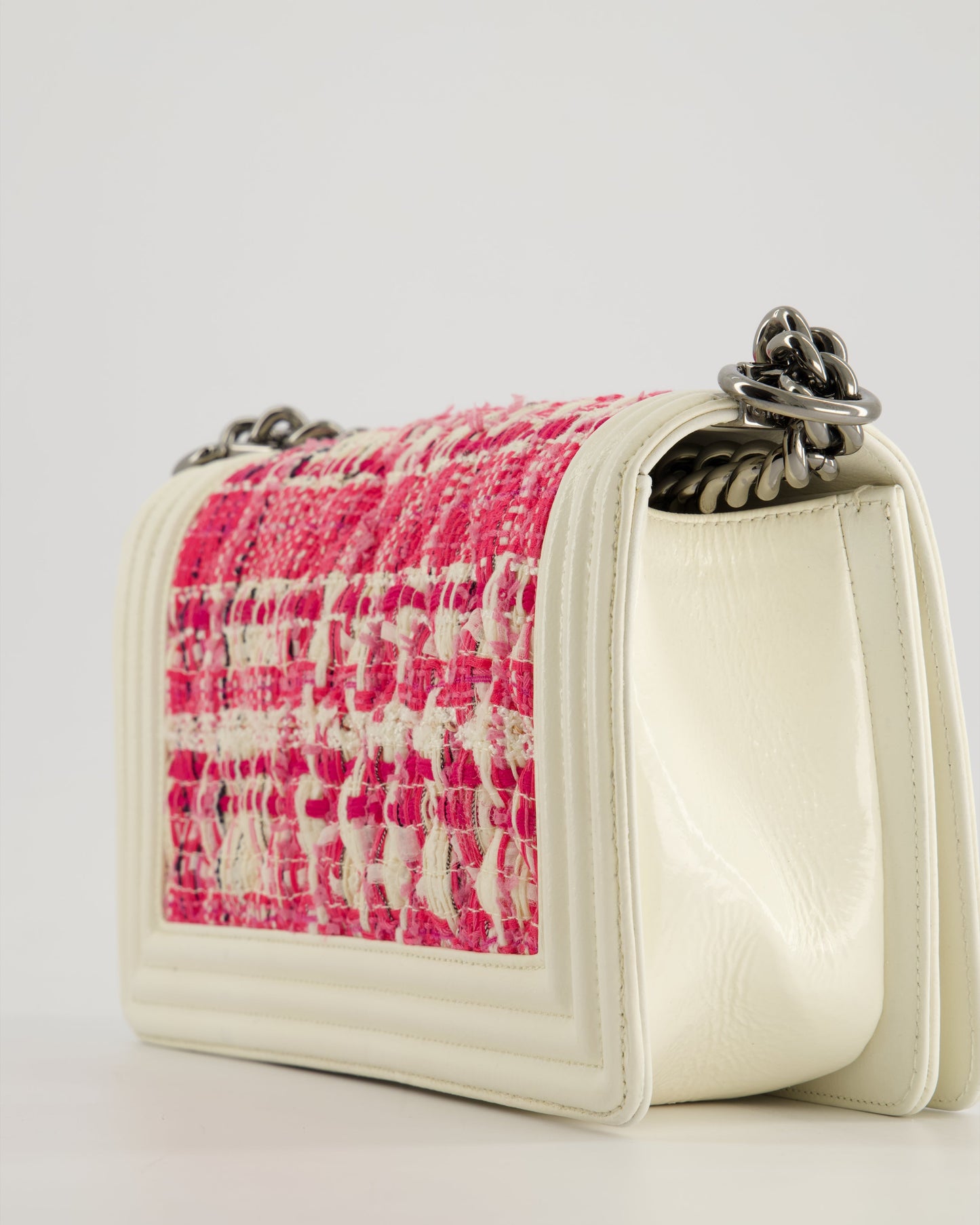 Chanel White and Pink Medium Boy Bag in Patent Leather and Tweed with Ruthenium Hardware