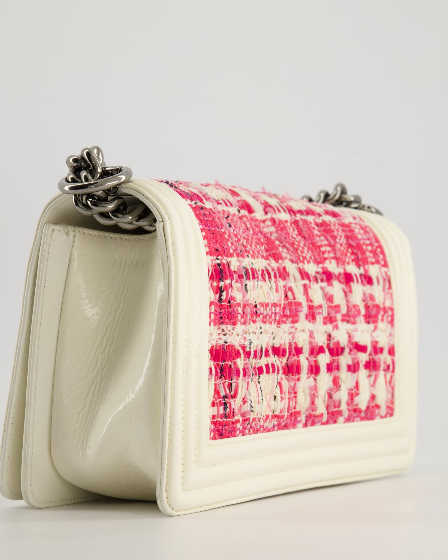 Chanel White and Pink Medium Boy Bag in Patent Leather and Tweed with Ruthenium Hardware