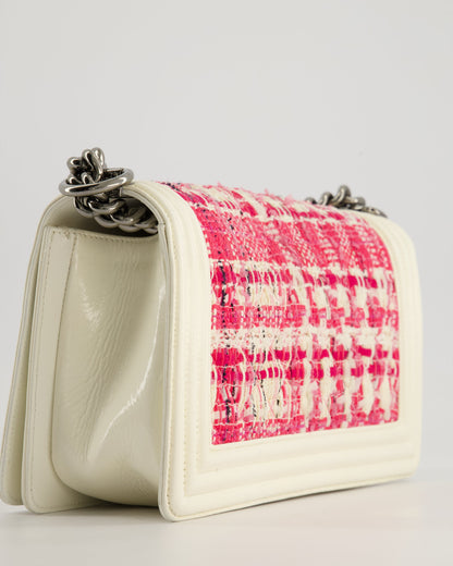 Chanel White and Pink Medium Boy Bag in Patent Leather and Tweed with Ruthenium Hardware