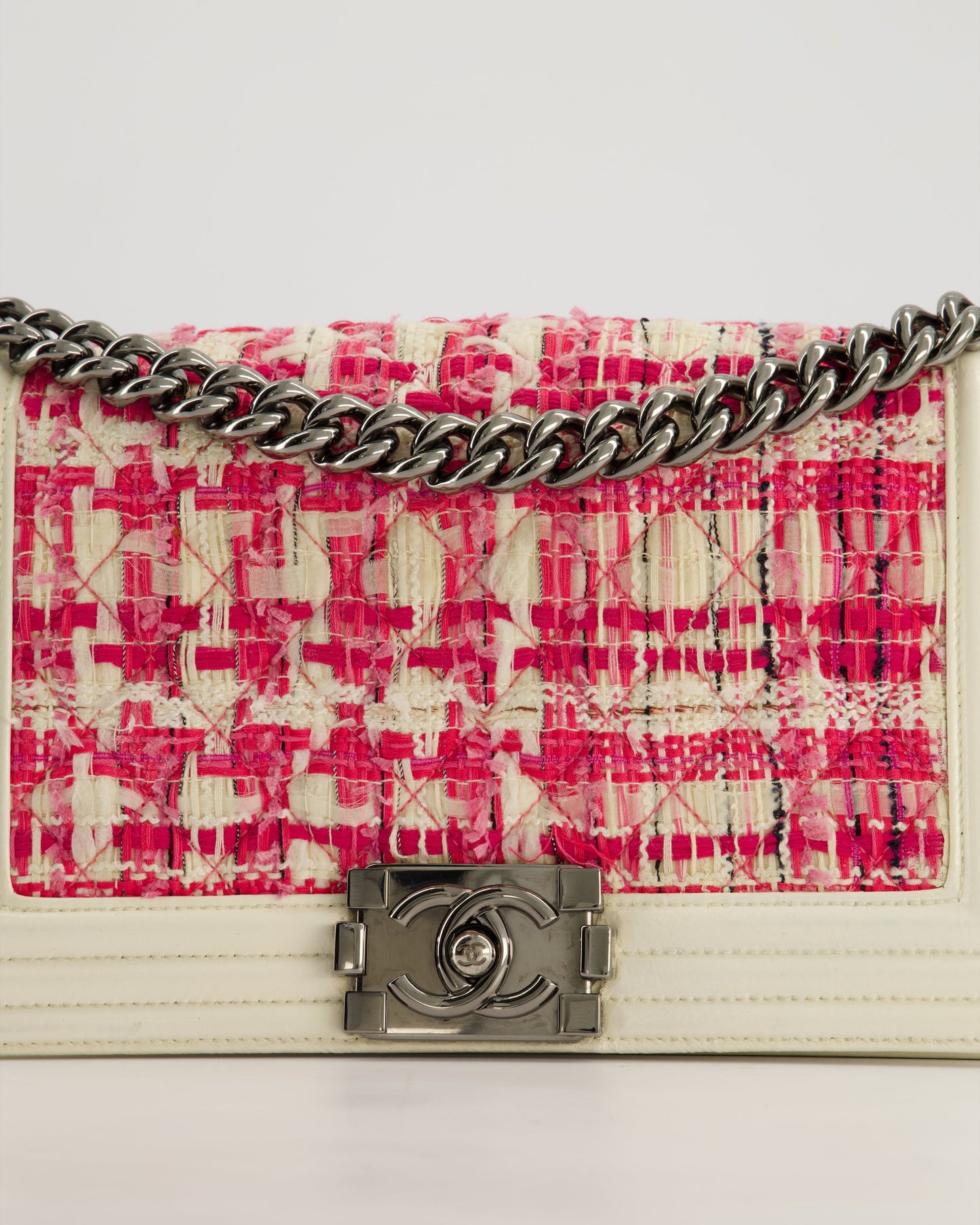 Chanel White and Pink Medium Boy Bag in Patent Leather and Tweed with Ruthenium Hardware