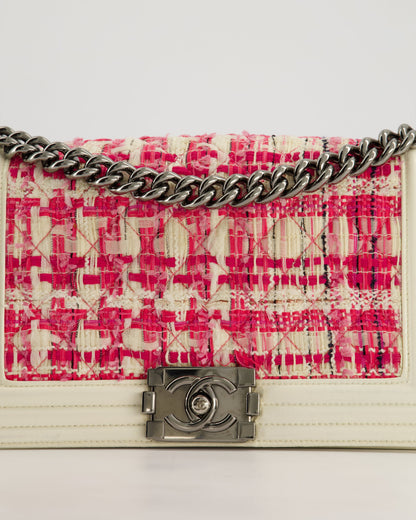 Chanel White and Pink Medium Boy Bag in Patent Leather and Tweed with Ruthenium Hardware
