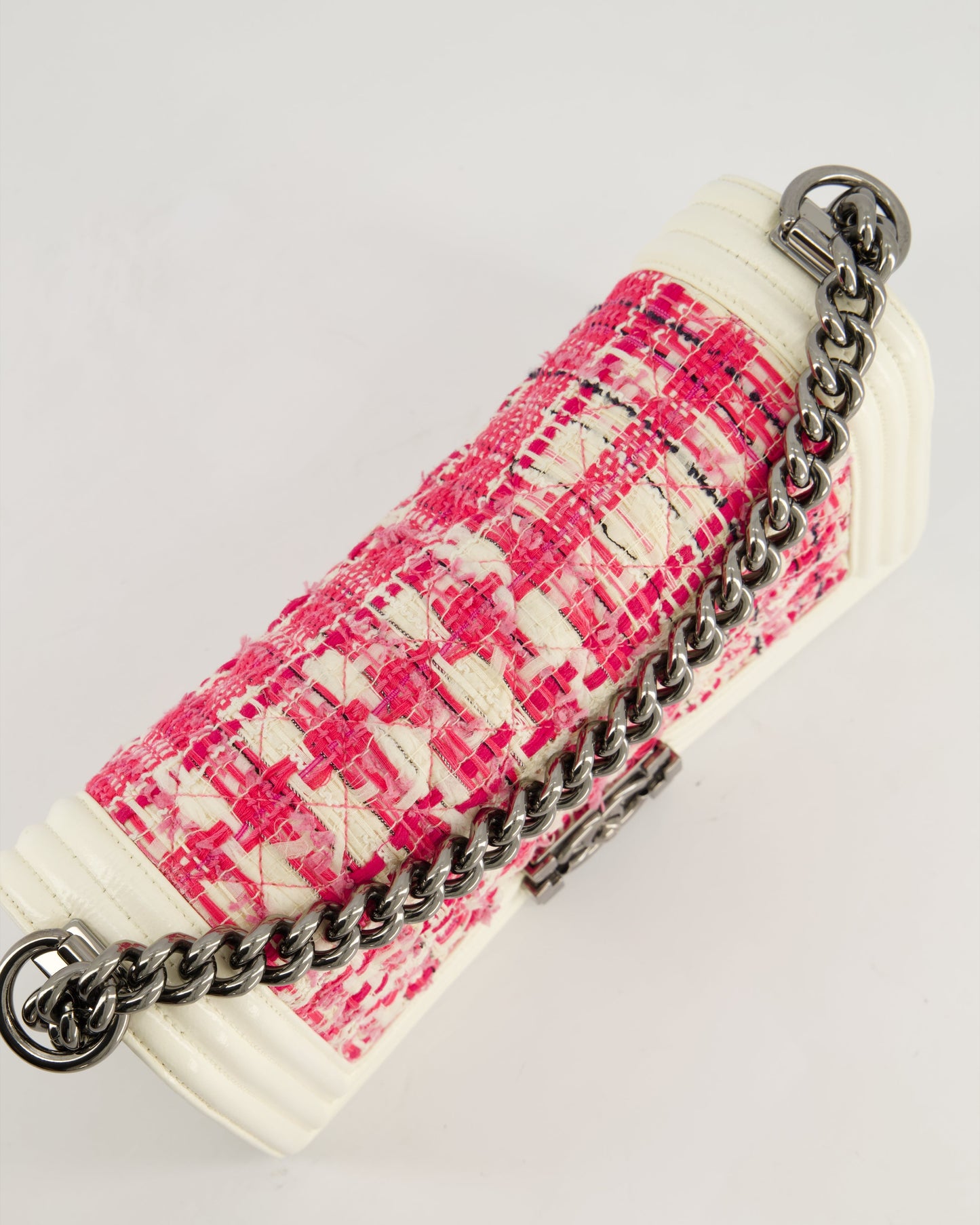 Chanel White and Pink Medium Boy Bag in Patent Leather and Tweed with Ruthenium Hardware