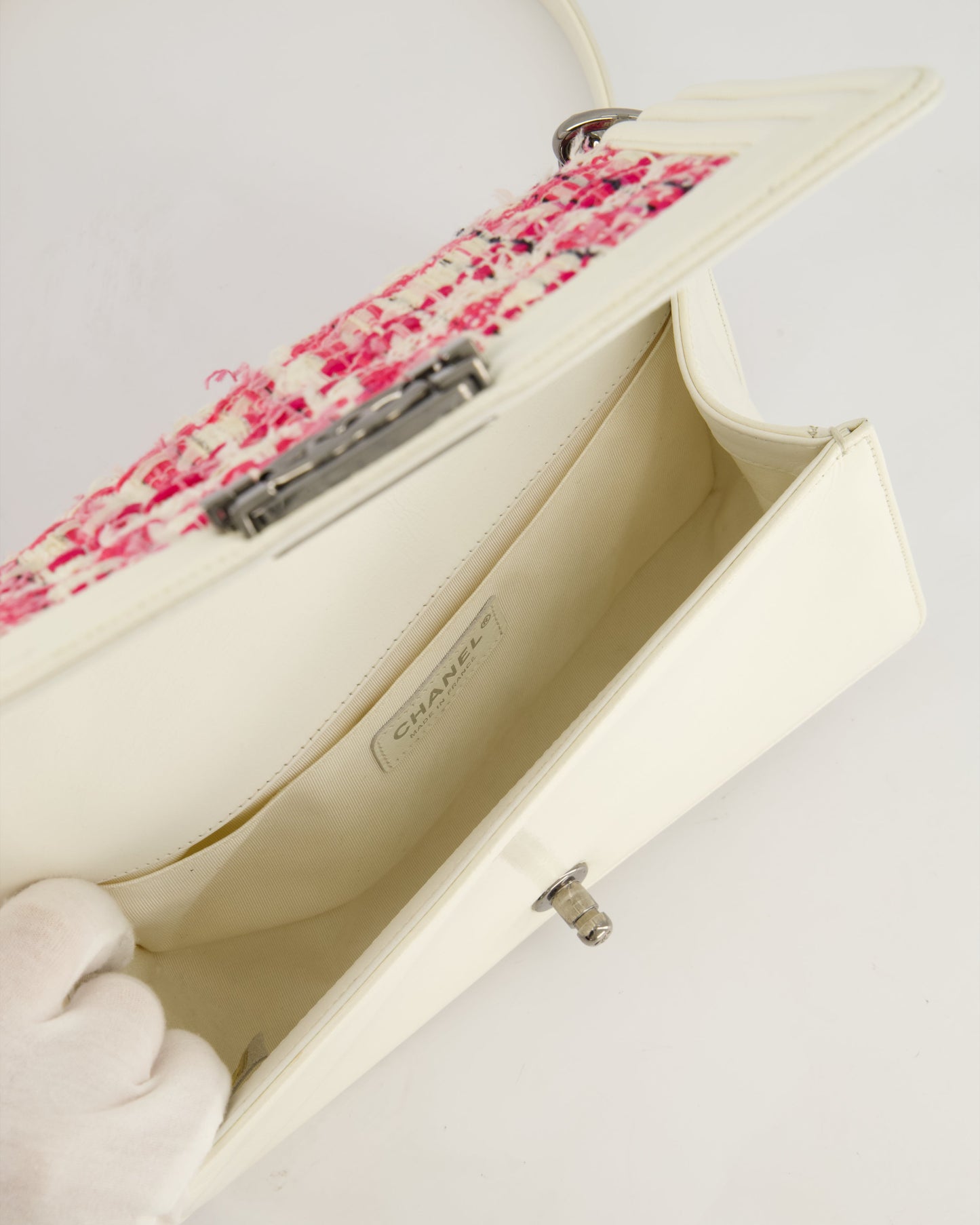 Chanel White and Pink Medium Boy Bag in Patent Leather and Tweed with Ruthenium Hardware