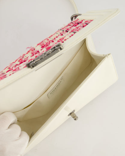 Chanel White and Pink Medium Boy Bag in Patent Leather and Tweed with Ruthenium Hardware