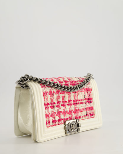 Chanel White and Pink Medium Boy Bag in Patent Leather and Tweed with Ruthenium Hardware