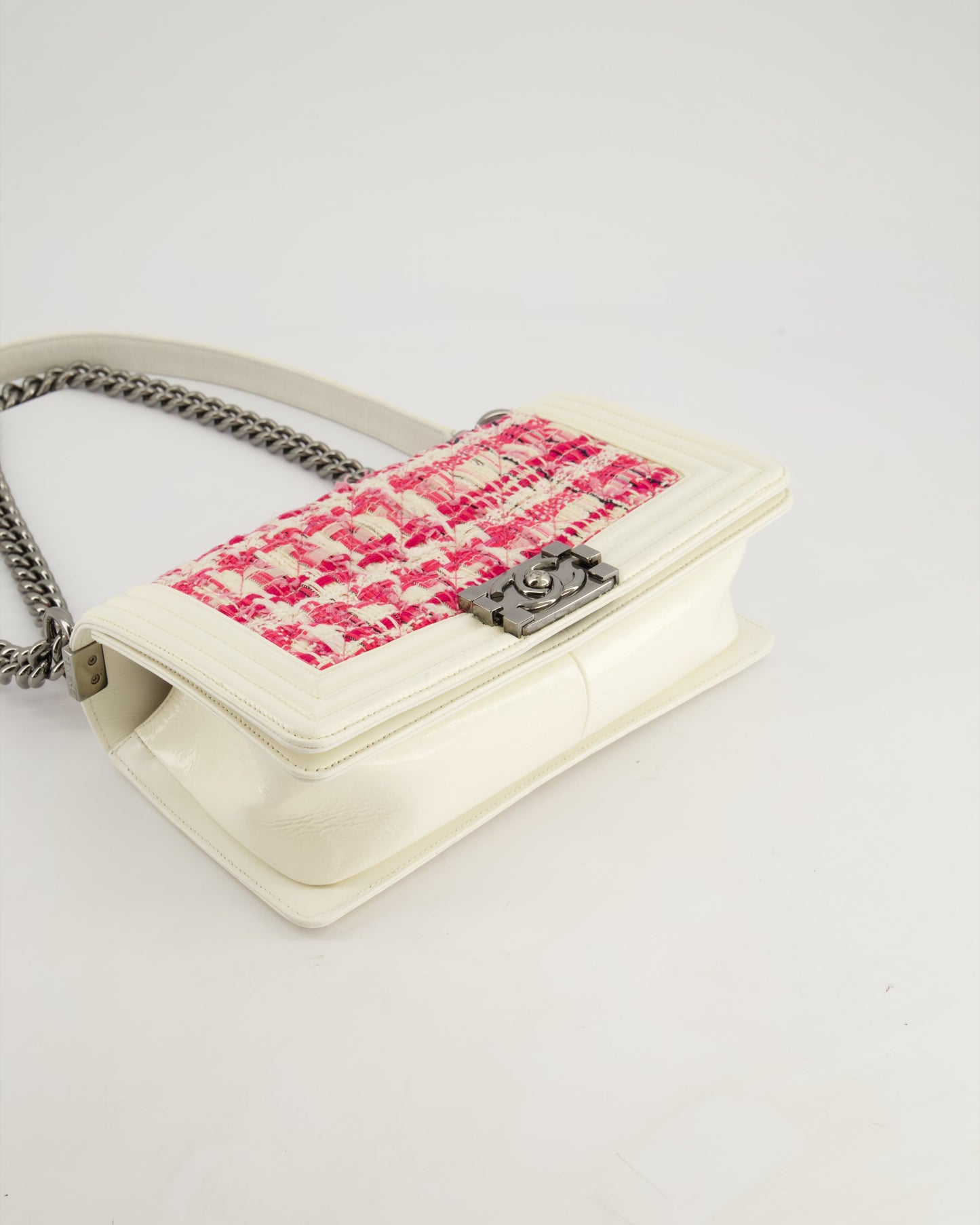 Chanel White and Pink Medium Boy Bag in Patent Leather and Tweed with Ruthenium Hardware
