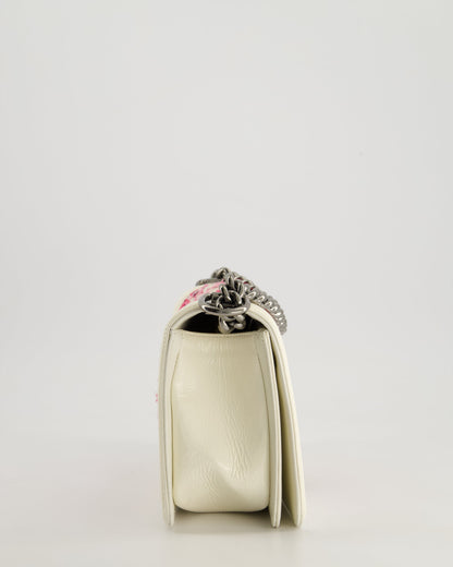 Chanel White and Pink Medium Boy Bag in Patent Leather and Tweed with Ruthenium Hardware