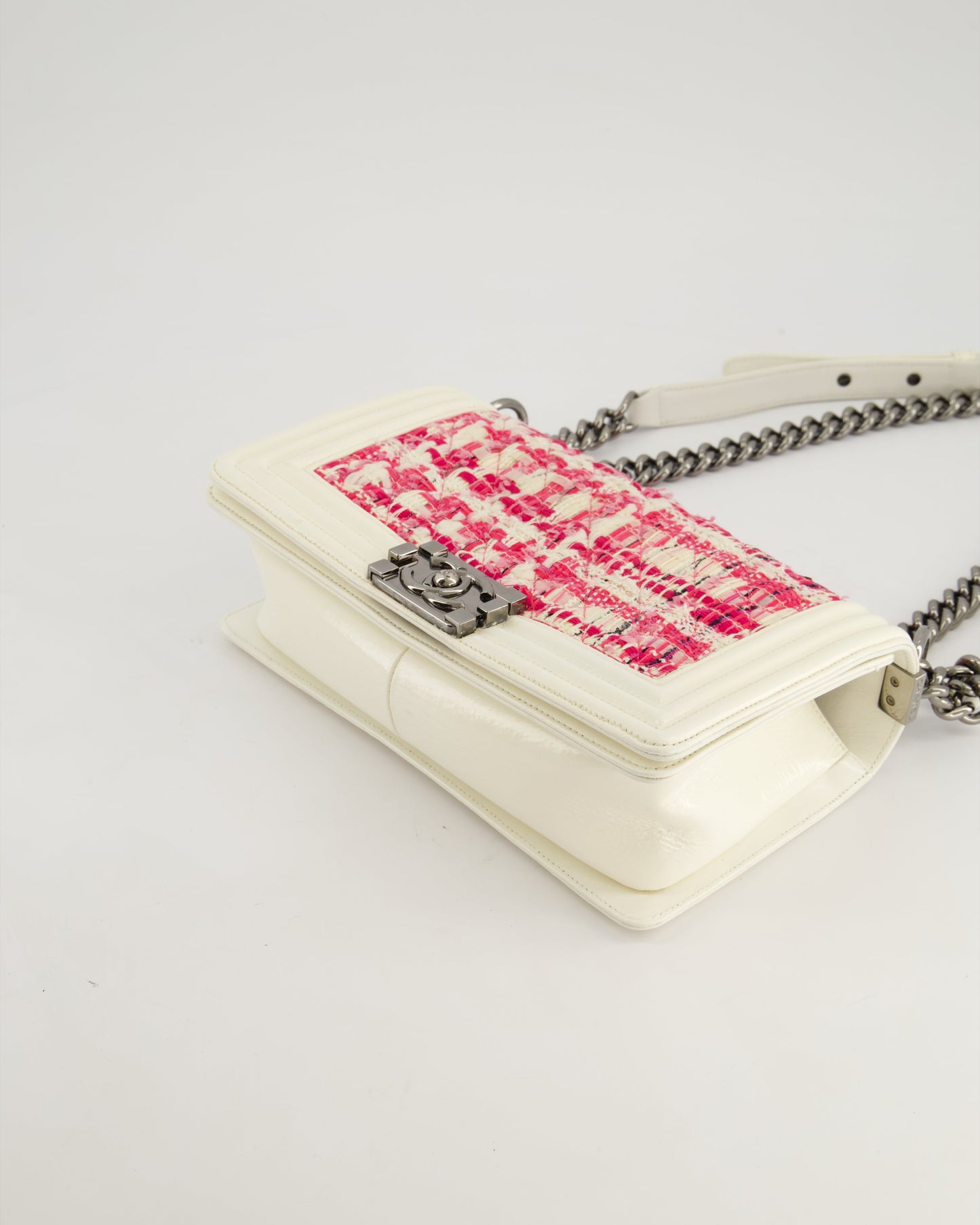 Chanel White and Pink Medium Boy Bag in Patent Leather and Tweed with Ruthenium Hardware