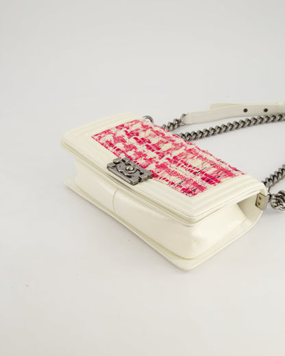 Chanel White and Pink Medium Boy Bag in Patent Leather and Tweed with Ruthenium Hardware