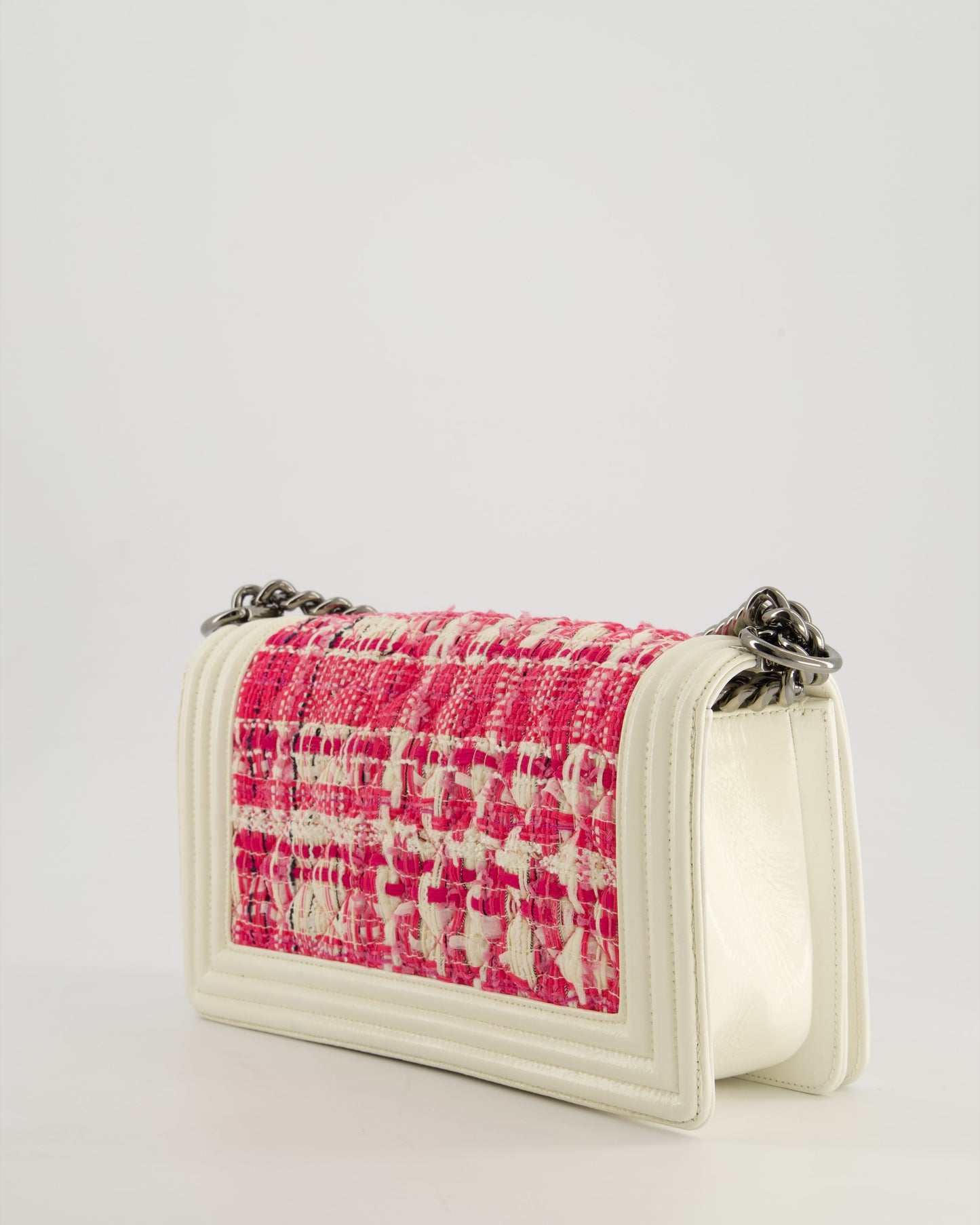 Chanel White and Pink Medium Boy Bag in Patent Leather and Tweed with Ruthenium Hardware