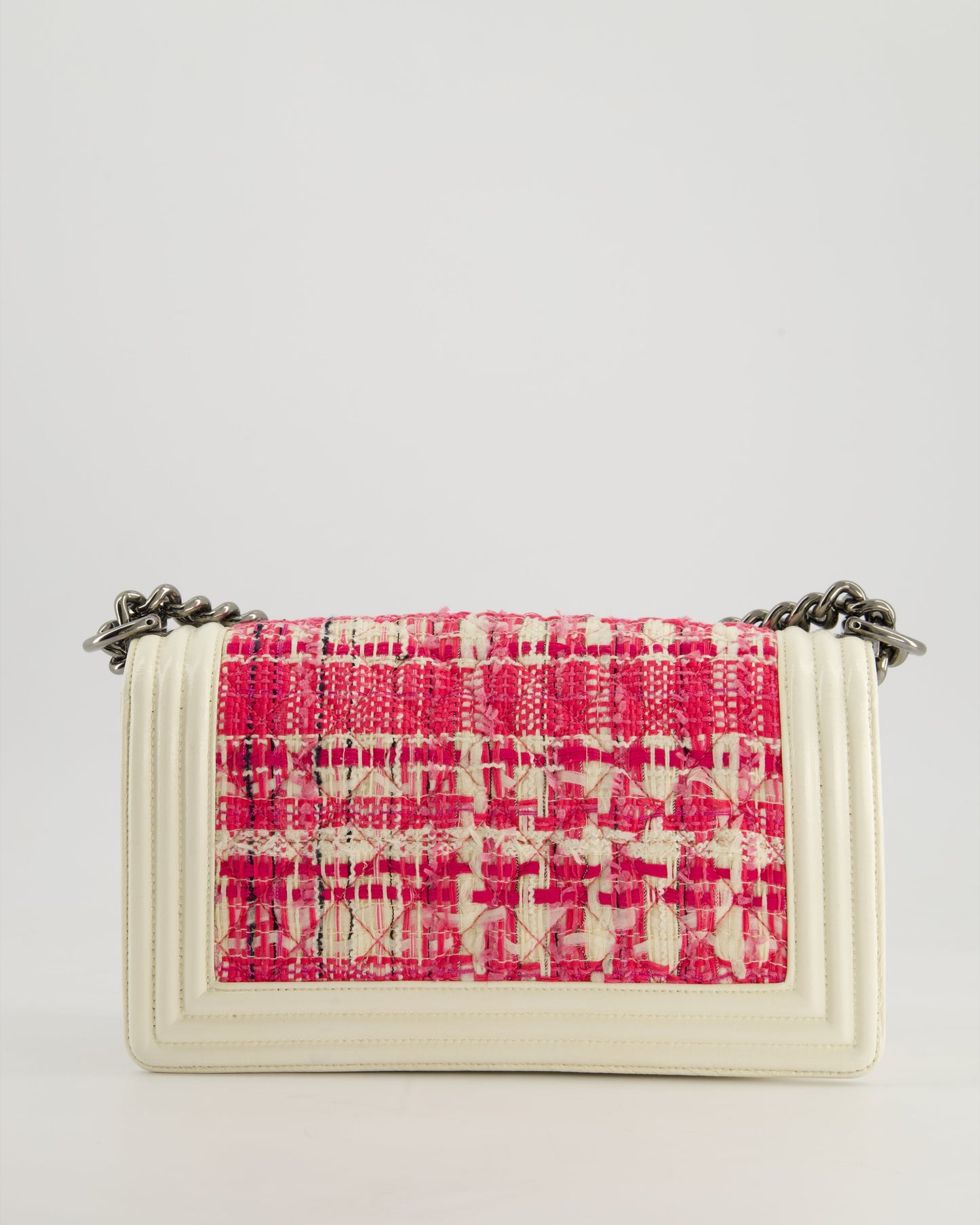 Chanel White and Pink Medium Boy Bag in Patent Leather and Tweed with Ruthenium Hardware