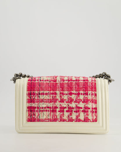 Chanel White and Pink Medium Boy Bag in Patent Leather and Tweed with Ruthenium Hardware