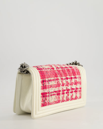 Chanel White and Pink Medium Boy Bag in Patent Leather and Tweed with Ruthenium Hardware