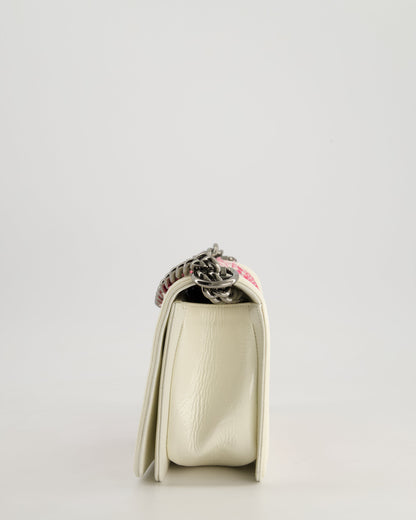 Chanel White and Pink Medium Boy Bag in Patent Leather and Tweed with Ruthenium Hardware