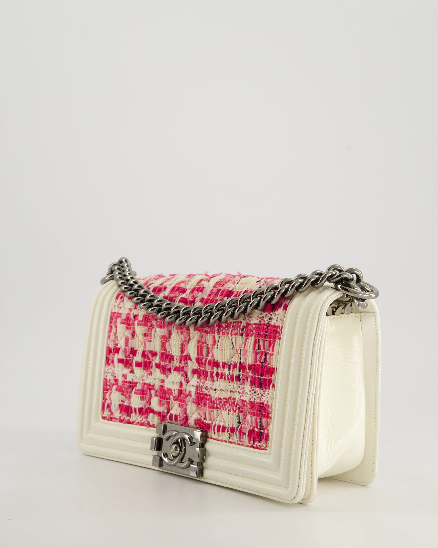 Chanel White and Pink Medium Boy Bag in Patent Leather and Tweed with Ruthenium Hardware
