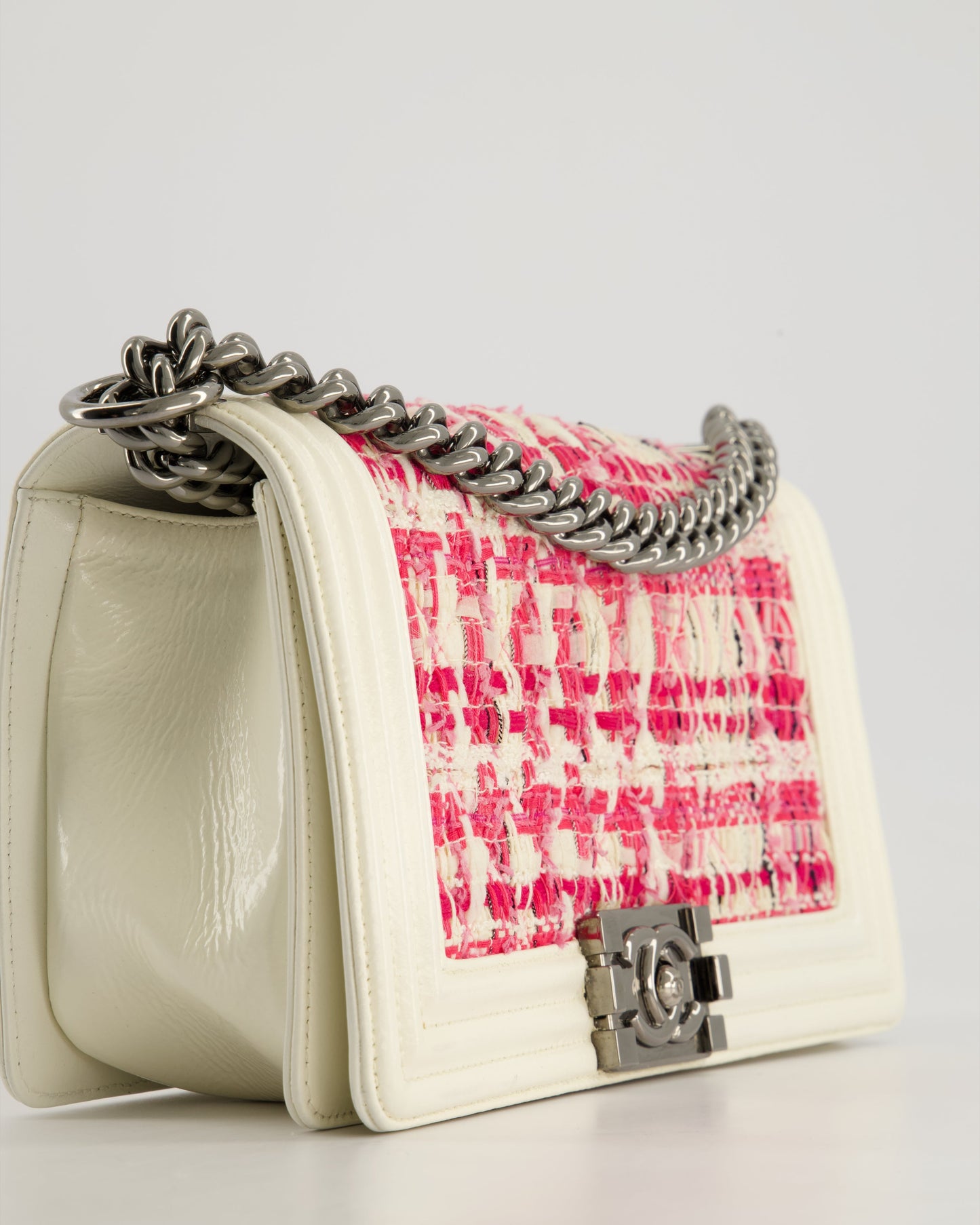 Chanel White and Pink Medium Boy Bag in Patent Leather and Tweed with Ruthenium Hardware