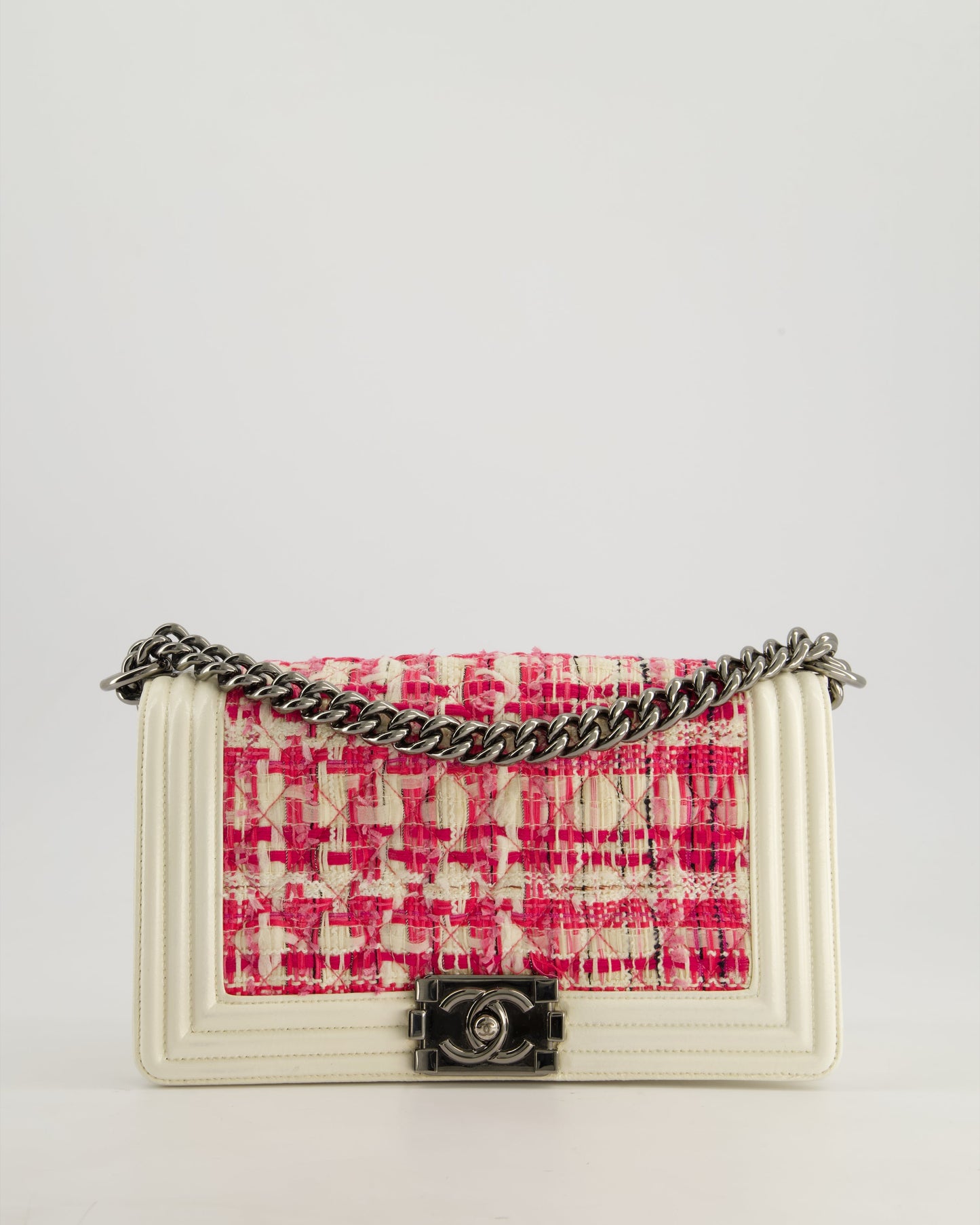 Chanel White and Pink Medium Boy Bag in Patent Leather and Tweed with Ruthenium Hardware