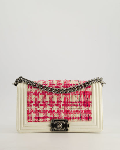 Chanel White and Pink Medium Boy Bag in Patent Leather and Tweed with Ruthenium Hardware