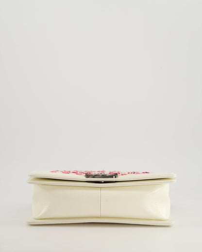 Chanel White and Pink Medium Boy Bag in Patent Leather and Tweed with Ruthenium Hardware