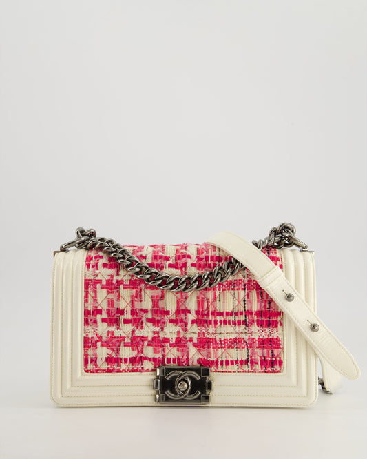 Chanel White and Pink Medium Boy Bag in Patent Leather and Tweed with Ruthenium Hardware