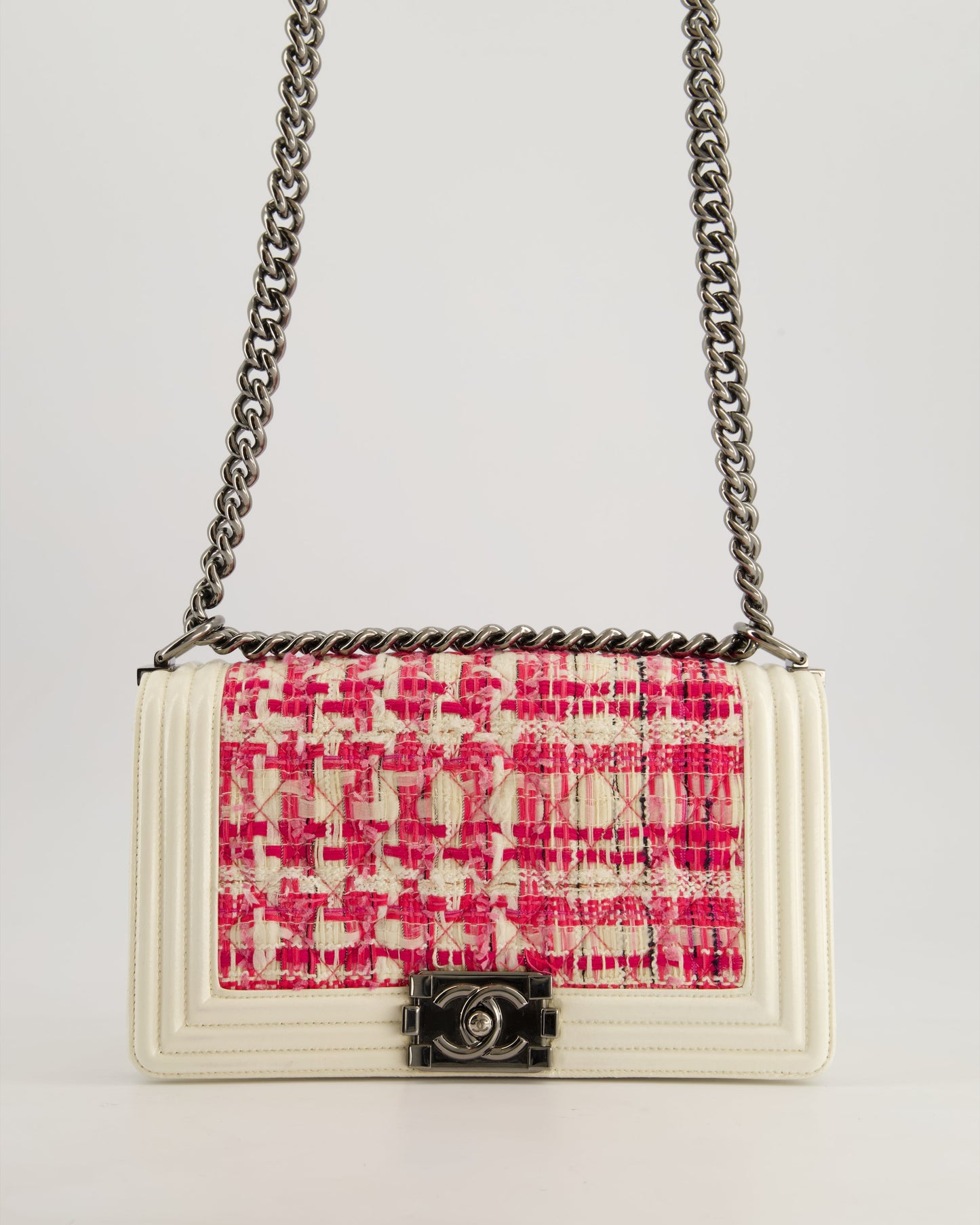 Chanel White and Pink Medium Boy Bag in Patent Leather and Tweed with Ruthenium Hardware