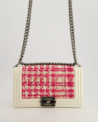 Chanel White and Pink Medium Boy Bag in Patent Leather and Tweed with Ruthenium Hardware