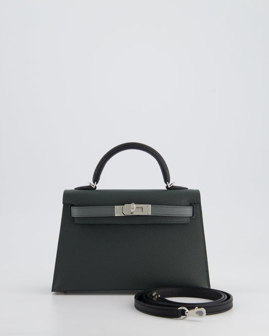 *NEW COLOUR* Hermès Mini Kelly II Tricolour 20cm Bag In Vert Mangrove, Vert Amande and Noir Epsom Leather with Palladium Hardware