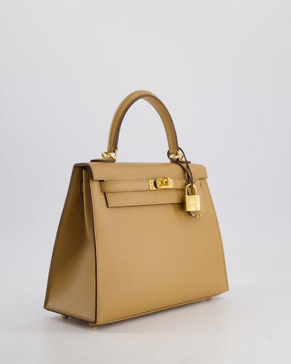 *RARE* Hermès Verso Kelly Sellier 25cm Bag in Biscuit Madame Leather, Blanc Interior with Gold Hardware