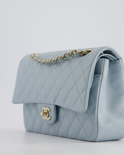*HOT* Chanel Baby Blue Medium Classic Double Flap Bag in Caviar Leather with Champagne Gold Hardware