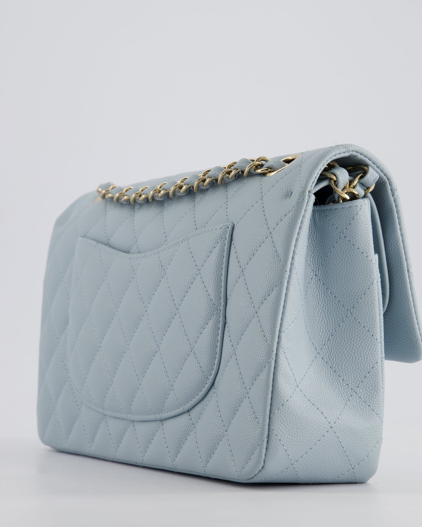*HOT* Chanel Baby Blue Medium Classic Double Flap Bag in Caviar Leather with Champagne Gold Hardware