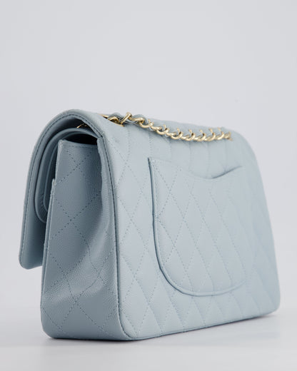 *HOT* Chanel Baby Blue Medium Classic Double Flap Bag in Caviar Leather with Champagne Gold Hardware