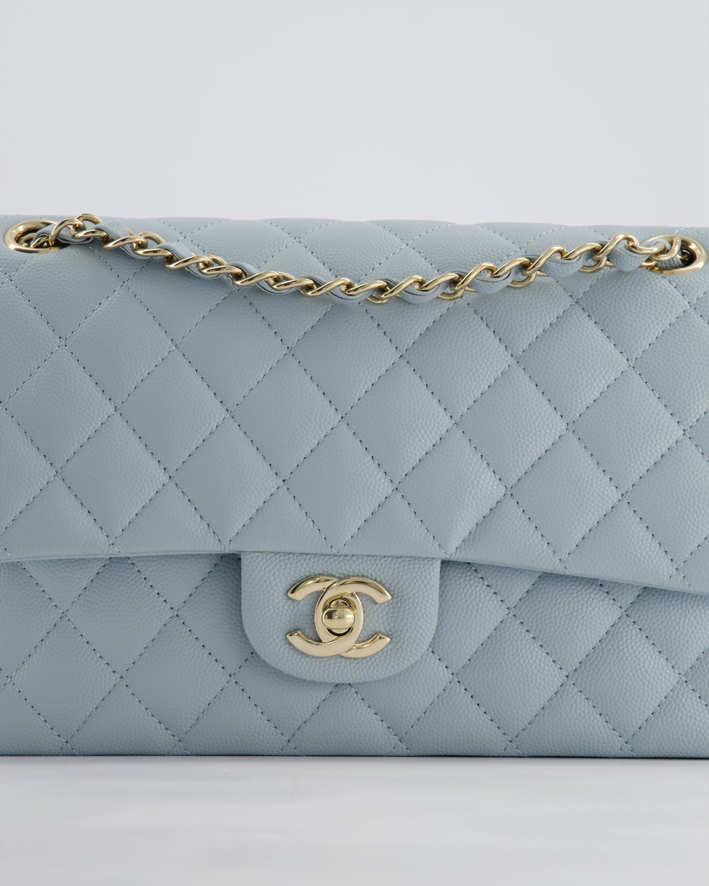 *HOT* Chanel Baby Blue Medium Classic Double Flap Bag in Caviar Leather with Champagne Gold Hardware