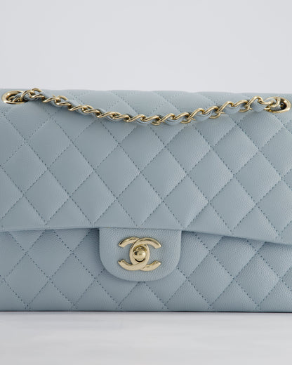 *HOT* Chanel Baby Blue Medium Classic Double Flap Bag in Caviar Leather with Champagne Gold Hardware