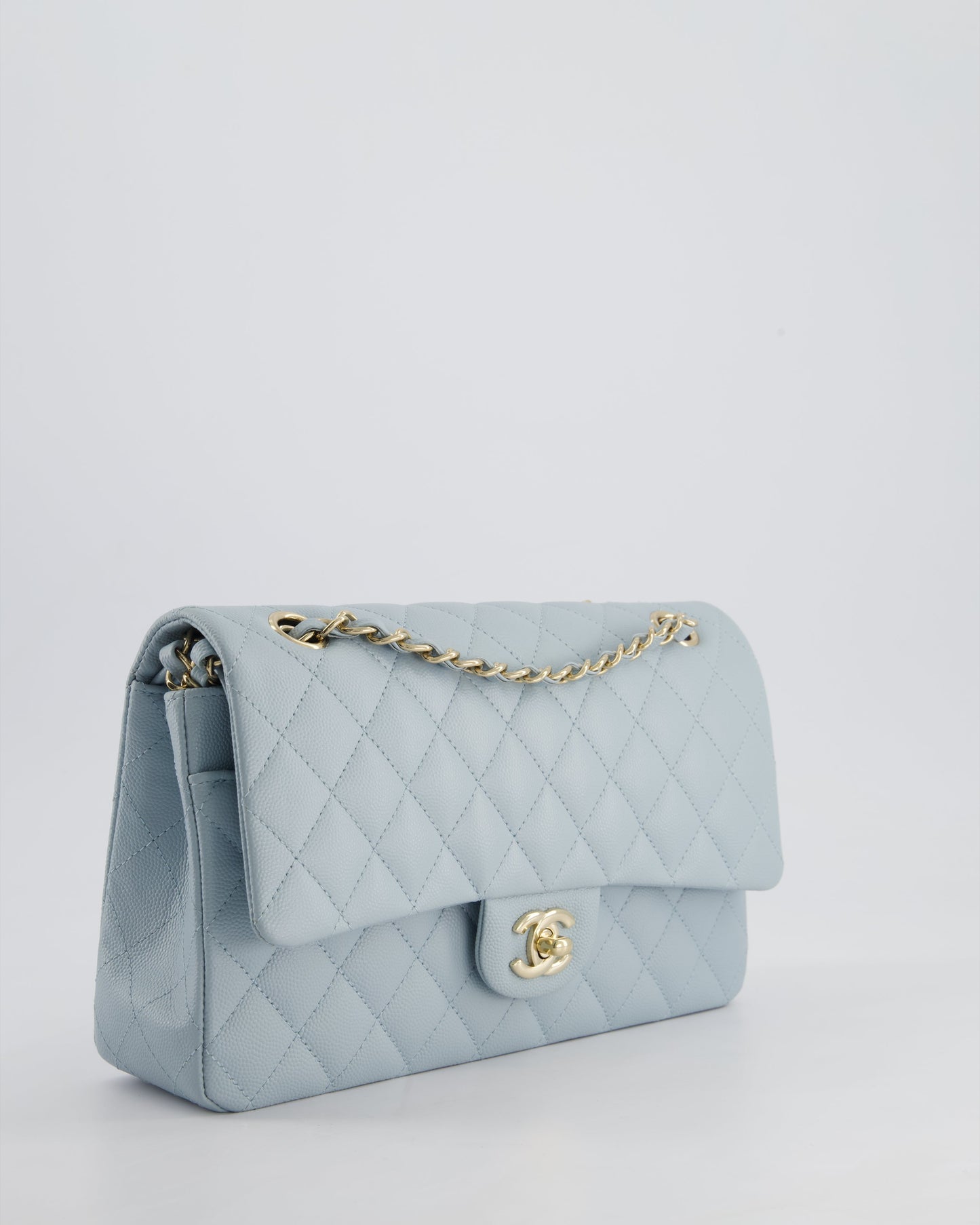 *HOT* Chanel Baby Blue Medium Classic Double Flap Bag in Caviar Leather with Champagne Gold Hardware