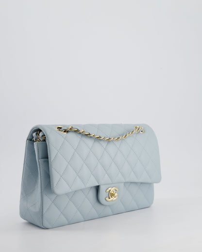 *HOT* Chanel Baby Blue Medium Classic Double Flap Bag in Caviar Leather with Champagne Gold Hardware