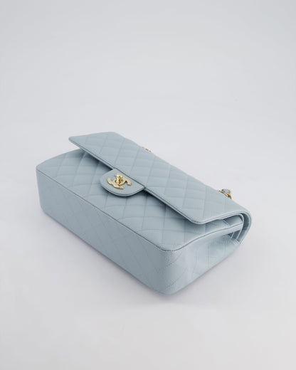*HOT* Chanel Baby Blue Medium Classic Double Flap Bag in Caviar Leather with Champagne Gold Hardware