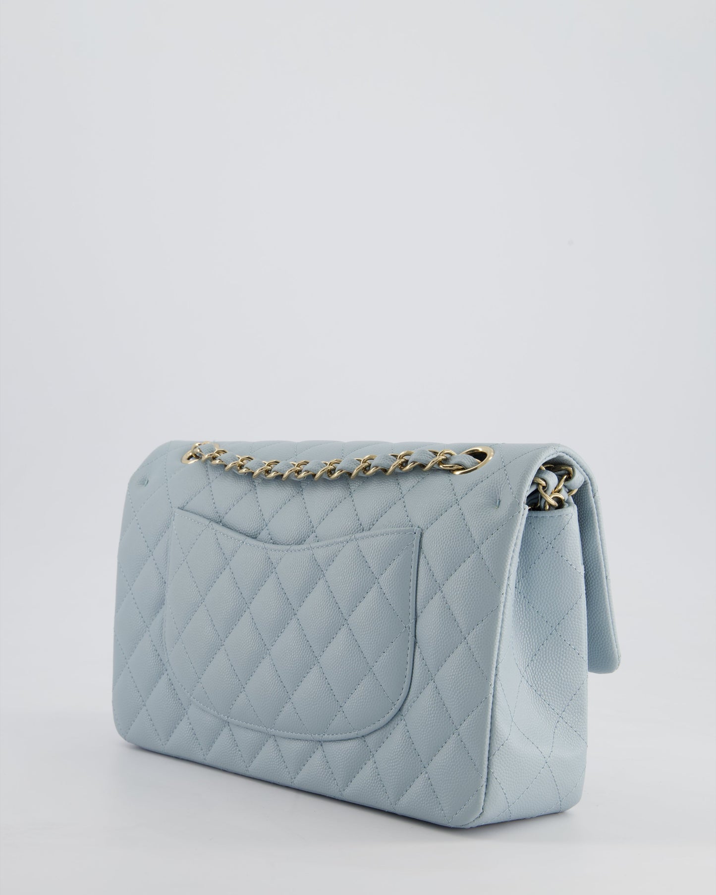 *HOT* Chanel Baby Blue Medium Classic Double Flap Bag in Caviar Leather with Champagne Gold Hardware