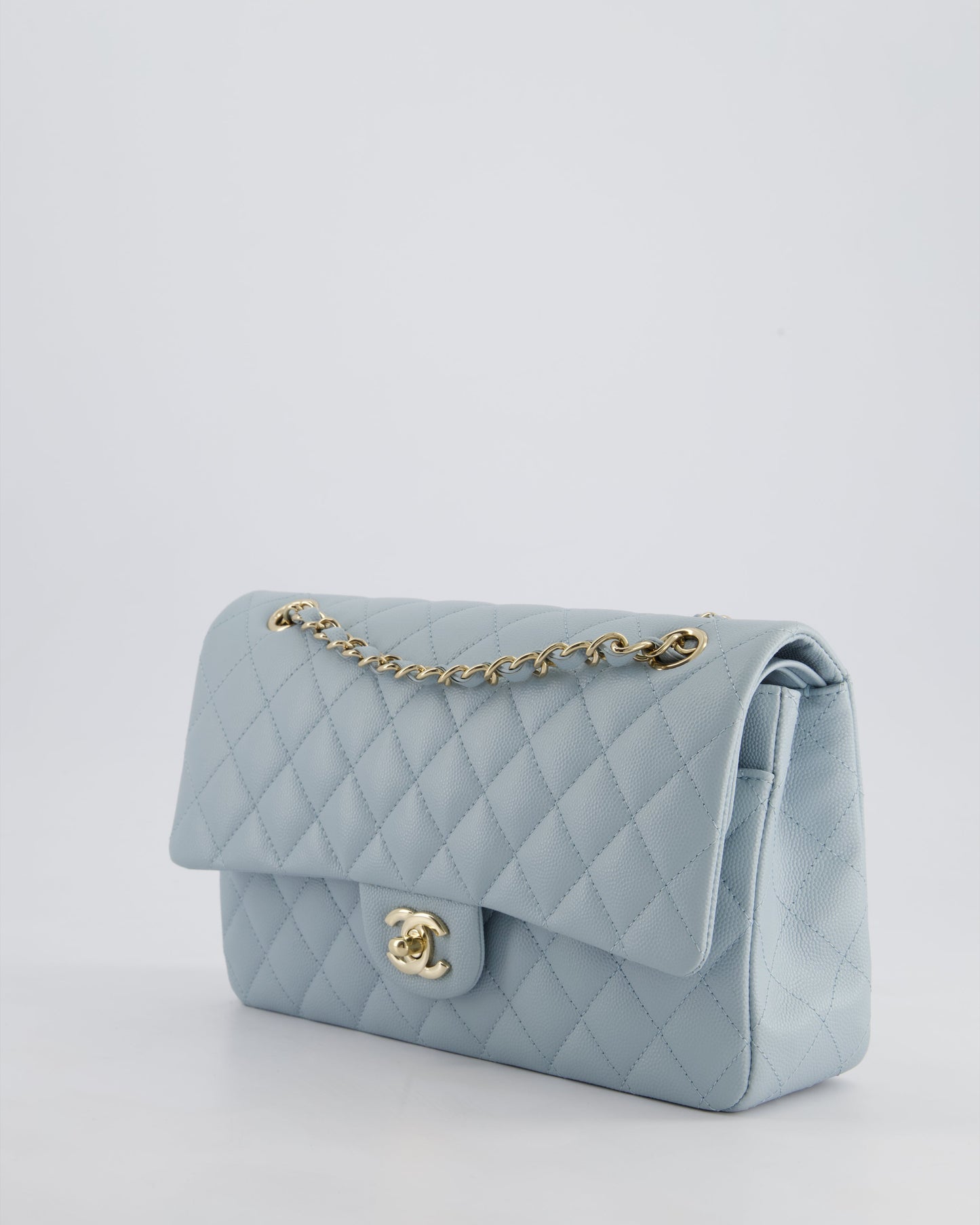 *HOT* Chanel Baby Blue Medium Classic Double Flap Bag in Caviar Leather with Champagne Gold Hardware