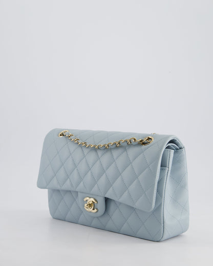 *HOT* Chanel Baby Blue Medium Classic Double Flap Bag in Caviar Leather with Champagne Gold Hardware