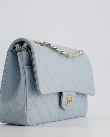 *HOT* Chanel Baby Blue Medium Classic Double Flap Bag in Caviar Leather with Champagne Gold Hardware